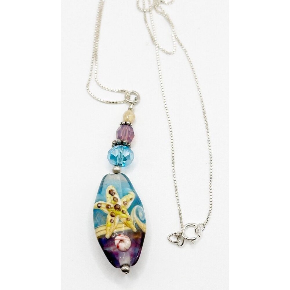 Aqua‎ Ocean Wave Necklace Sterling Silver Starfish Nautical Lampwork Pendant